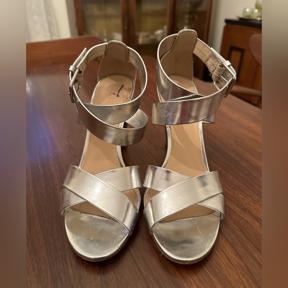 J Crew silver heeled sandals. Size 8. - Picture 1 of 5
